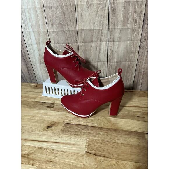 Allegra K Bright Red Heel Boots Lace Up - Picture 6 of 10
